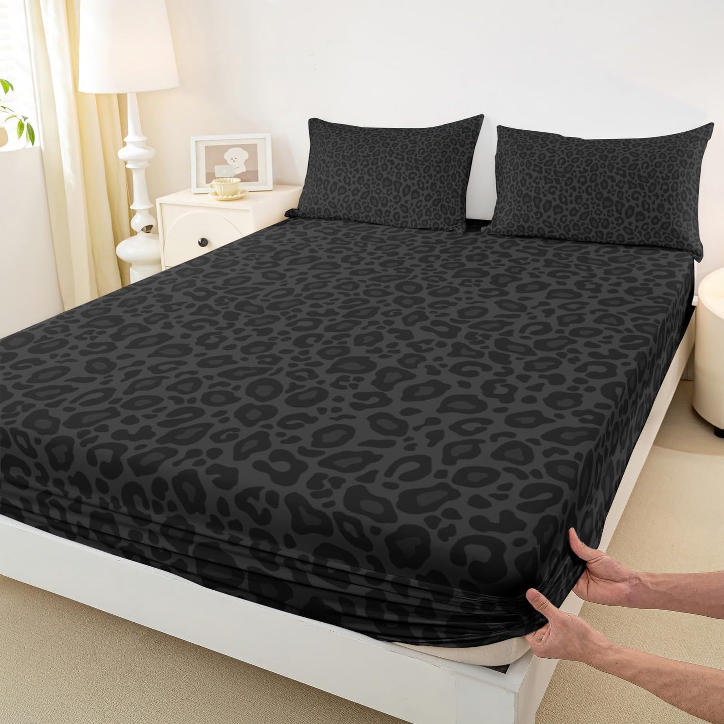 Castle Fairy Leopard Print Fitted Sheet Set Full Size 4 Pcs,Gray Wild Animal Skin Teens Sheets,African Cheetah Wildlife Bedding Sets (1 Fitted,1 Flat,2 Pillowcases) Luxury Deep Pocket Bed Sheets