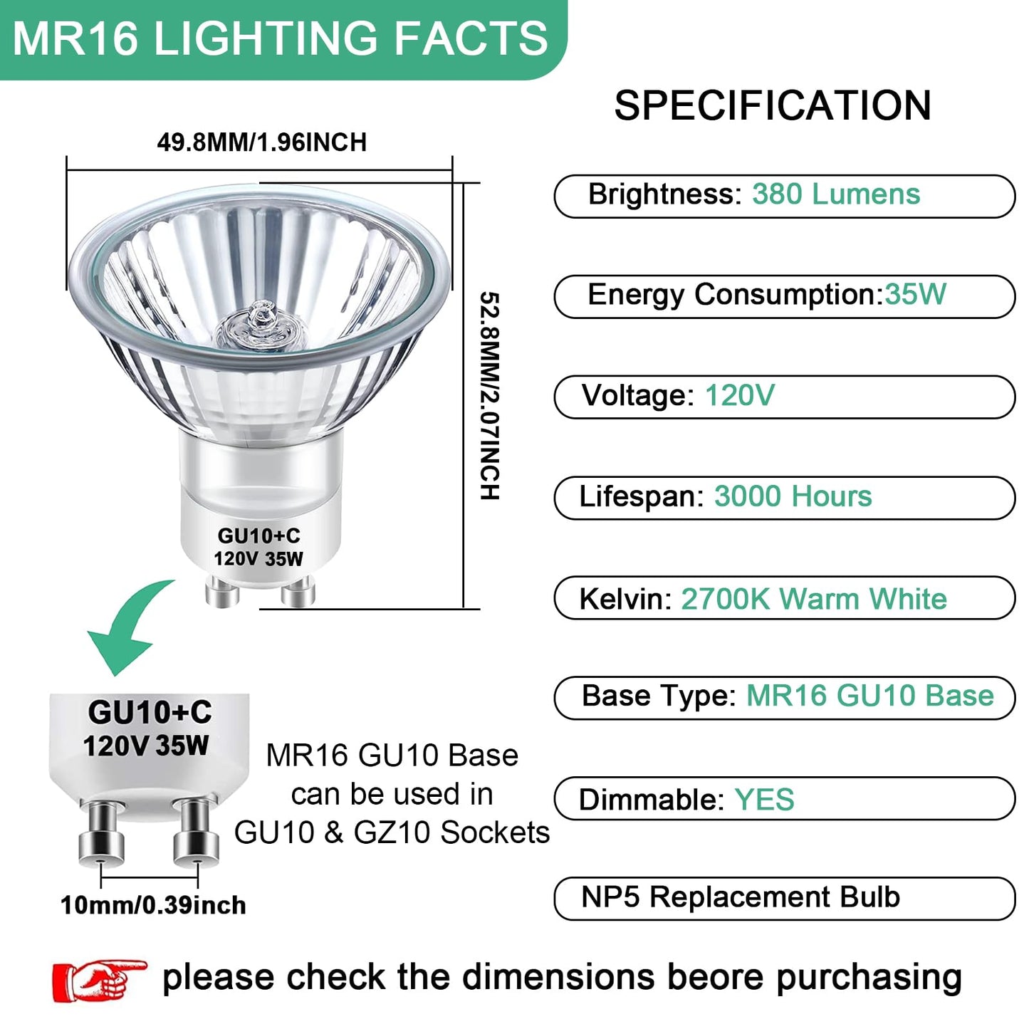 GU10 Halogen 35W Bulbs, Dimmable MR16 GU10+C 120V 35W for Track, Recessed, Candle Warmer, Range Hood Light Bulbs, 2700K Warm White, Pack of 4