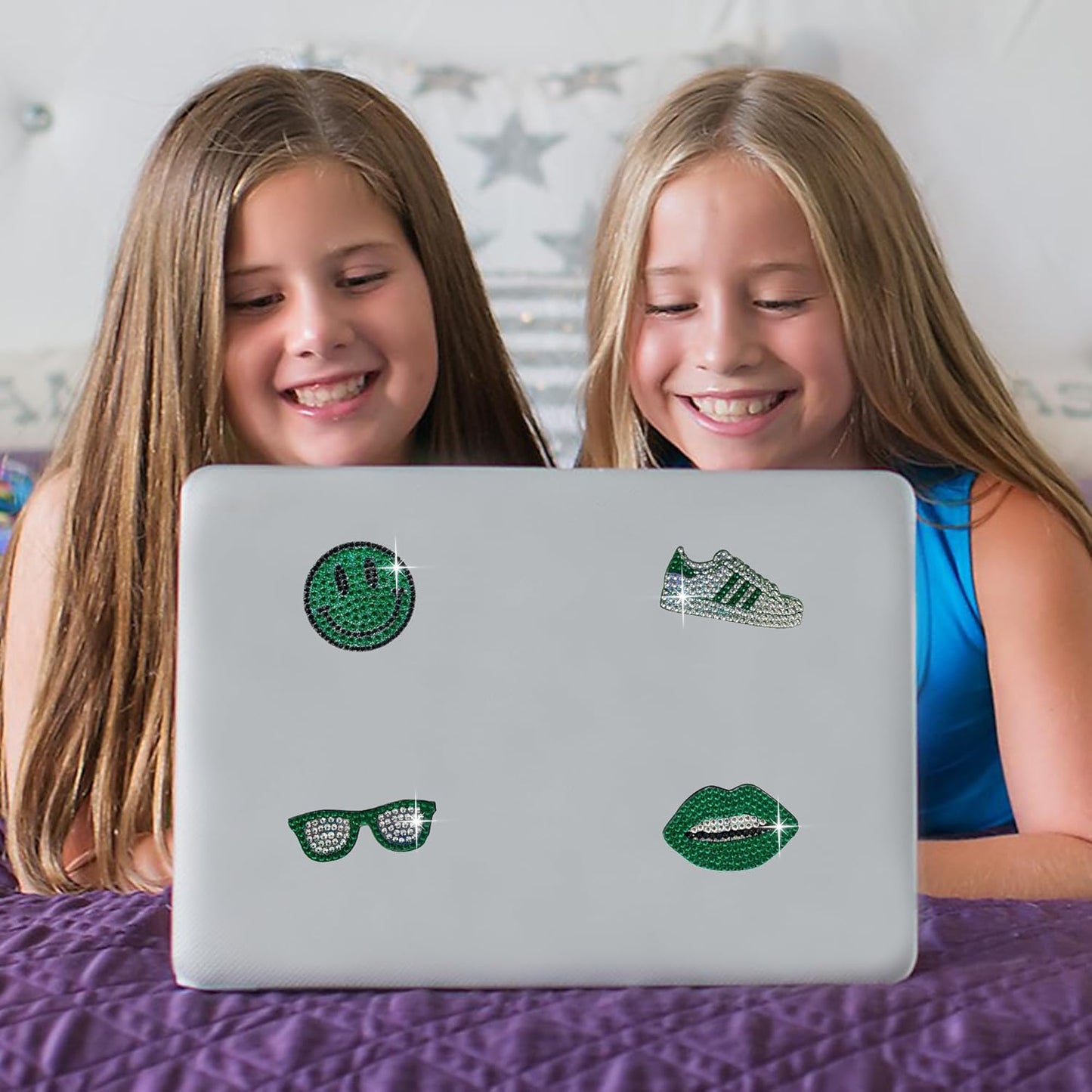 StickerBeans® Rhinestone Stickers - Green Spirit 4-Pack, 2” x 2” Each, Unique Sparkly Cut-to-Shape for Collecting, Trading, Decorating Laptops, Phone Cases, Scrapbooks for Kids, Teens, & Adults