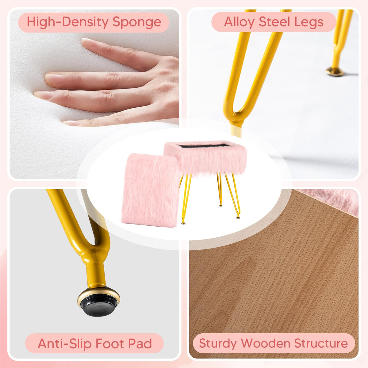 MOOWIND Vanity Stool Chair with Storage, Soft Ottoman Seat Vanity Stool with Anti-Slip Feet, Fluffy Padded Seat Multifunctional Footrest Side Table with 4 Metal Legs for Makeup, Bedroom, Pink