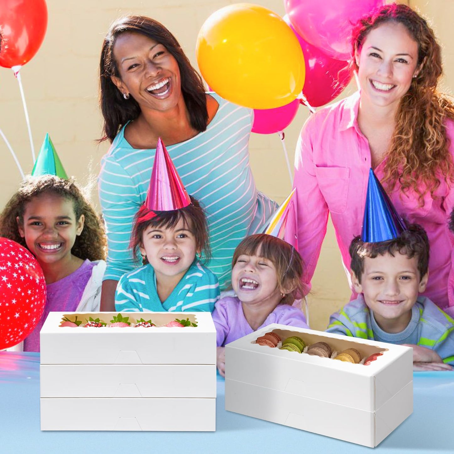 ZORRITA 30 Pack Auto Pop-up Cookie Boxes with Window, 12.5" x 5.5" x 2.5" White Bakery Boxes Treat Boxes for Chocolate Covered Strawberries, Cake Pops, Donuts, Cocoa Bombs, Sugar Cookies, Pastries