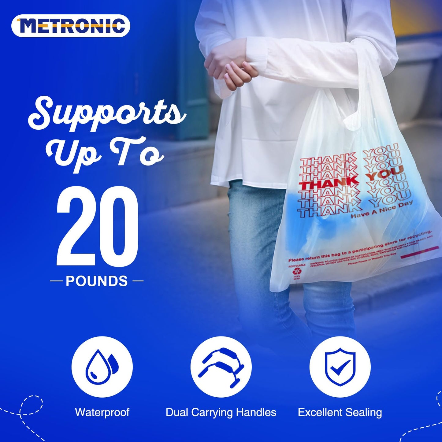 METRONIC 1000 Count White Thank You Bags with Handles, 11.5" x 6.5" x 21" Plastic Carry Bags for Retail, Supermarket, Grocery Shopping Bag for T-shirt Packaging, Takeout, Convenience Stores, in Bulk