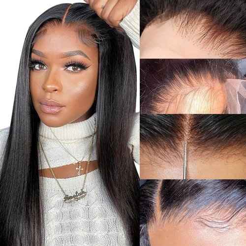 Derun 5x5 Real HD Lace Closure Wigs Human Hair 180% Density Invisible Swiss Lace Front Straight Wig Pre-plucked with Baby Hair Hairline Bleached Knots and Elastic Band Wig for Women (16 Inch, 5×5 ST)