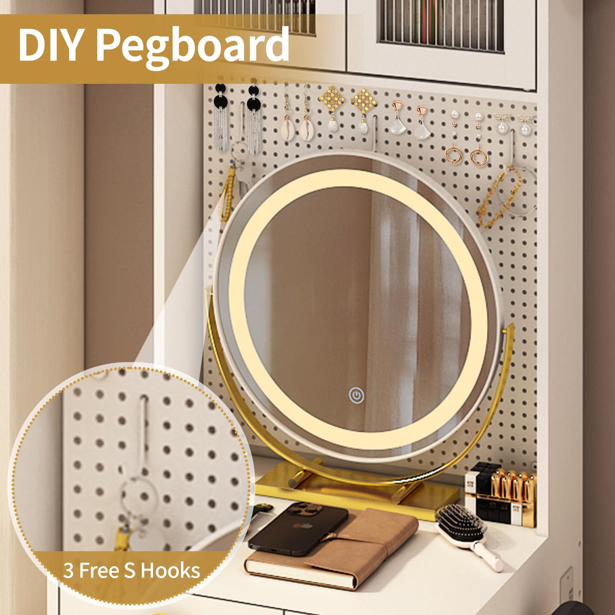 Karl home Small Makeup Vanity Desk with Mirror and Lights, Makeup Table with Charging Station & DIY Pegboards for Small Space, Compact Mini Vanity Set with Hidden Storage Stool for Bedroom, White