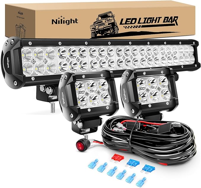 Nilight - ZH002 20Inch 126W Spot Flood Combo Off Road Led Light Bar 2PCS 18w 4Inch LED Pods With 16AWG Wiring Harness Kit-...