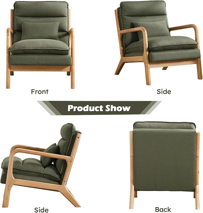 IOMOR Mid Century Modern Accent Chair, Upholstered Lounge Armchair with Plump Back Pillow, Comfy Reading Chair with Solid Wood Frame for Bedroom Living Room, Green