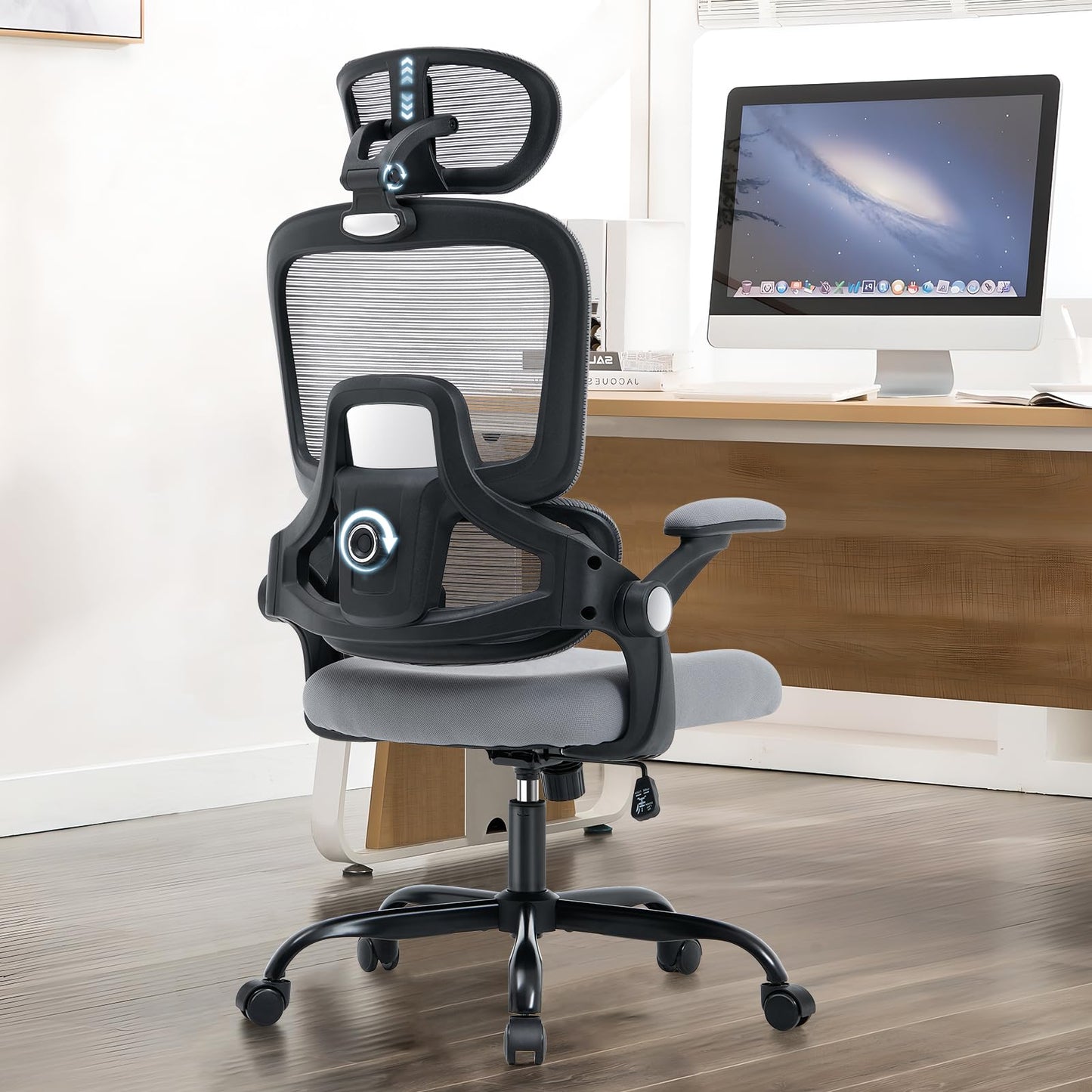 ACFOUL Ergonomic Office Chair, Mesh Desk Chair with 2D Adjustable Lumbar Support – Relieve Back Pain for Long Workdays Sitting, High Back with 3D Headrest & Armrests for Home Office Comfort, Dark Gray