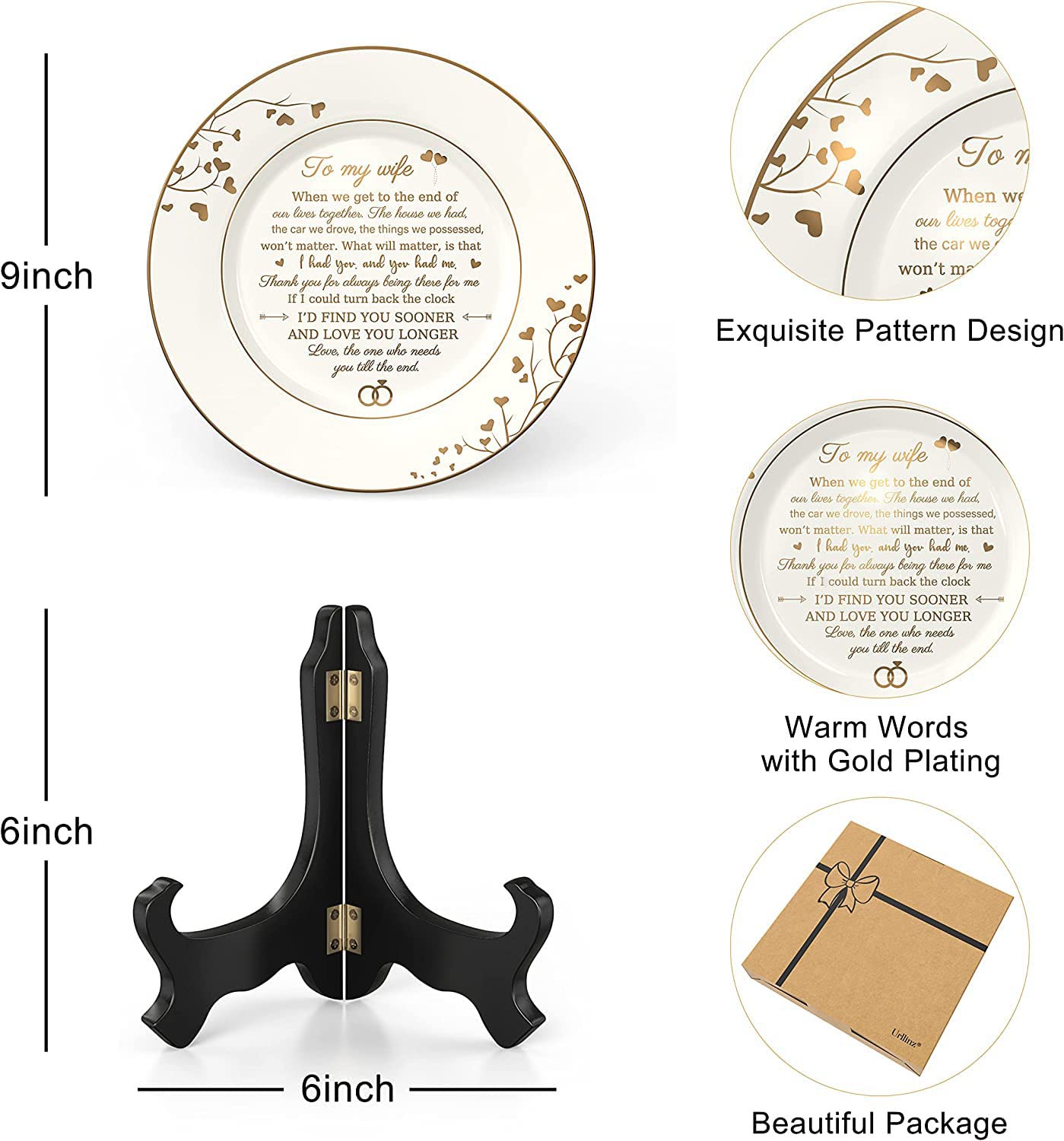Urllinz Gifts for Wife - To My Wife Plate with 24k Gold Foil, Happy Birthday Anniversary Wedding Gift for Her from Husband, Ceramic 9"