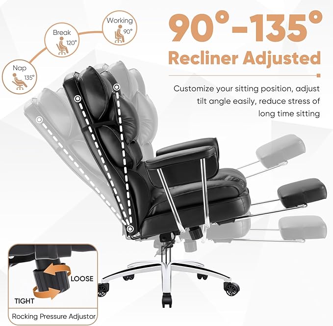 Sweetcrispy Executive Home Office Desk Chair - Ergonomic Big Tall High Back with Footrest & Lumbar Support, Reclining Height Adjustable, Comfy PU Leather Computer Gaming with Swivel Wheels, Black