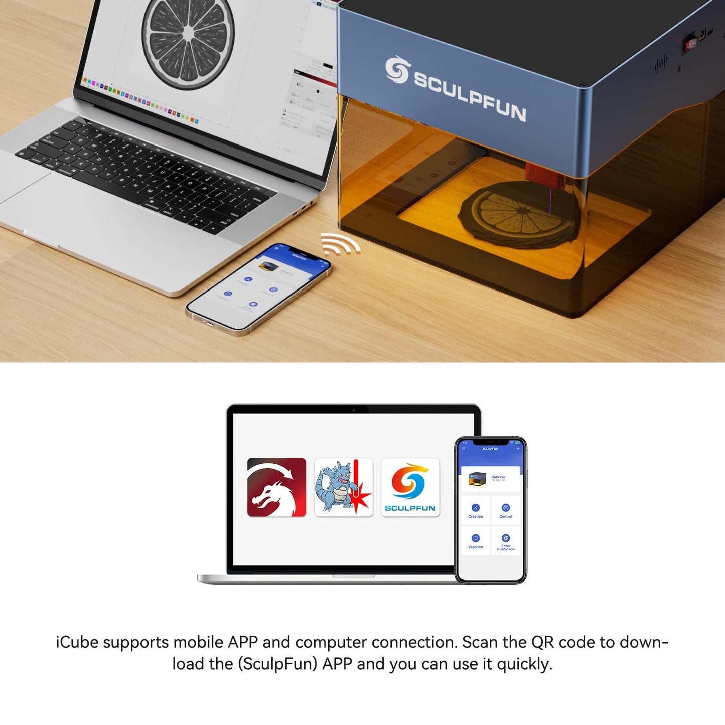 SCULPFUN iCube Pro Laser Engraver, 5000mW Desktop Laser engraving machine with Smoke Filtration System, Laser Class 4 Laser cutter, 0.01mm Carving Precision, 125×125mm Engraving Area(5W)