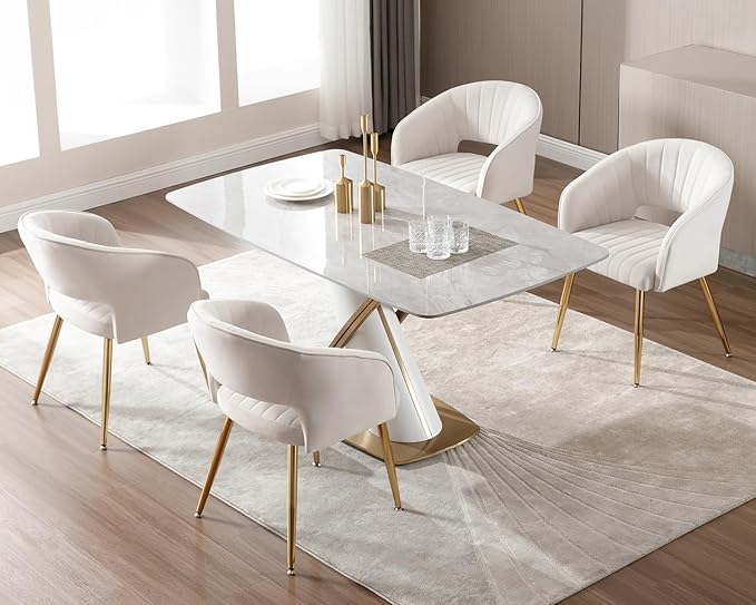 KCC Modern Velvet Dining Chairs Set of 4, Cream, Hollow Back, Tufted Kitchen Chairs Side Chairs with Gold Metal Legs for Living Room