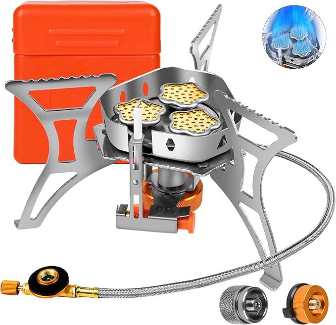 6800W Camping Backpacking Stove, Outdoor Portable Burner Cooking Stove with Fuel Canister Adapter, Piezo Ignition, Carry C...