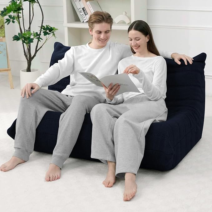 HABUTWAY Bean Bag Chairs Fireside Lazy Floor Sofa, Soft Teddy Fleece 2 Seater Sofa with High-Resilience Foam Filling，Beanbag for Living Room, Bedroom, Office (Navy Blue Teddy)