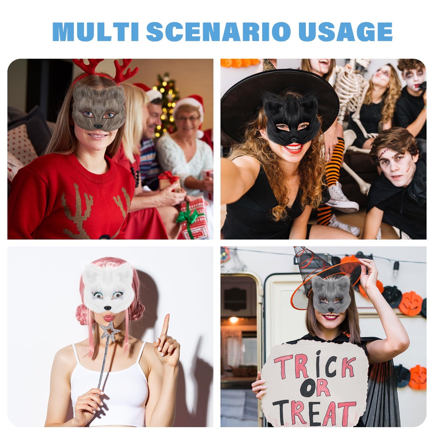 TherianMask Tail Set Furry Cat Fox Mask With Therian Paws Kit - Halloween Costume for Adults (Black)