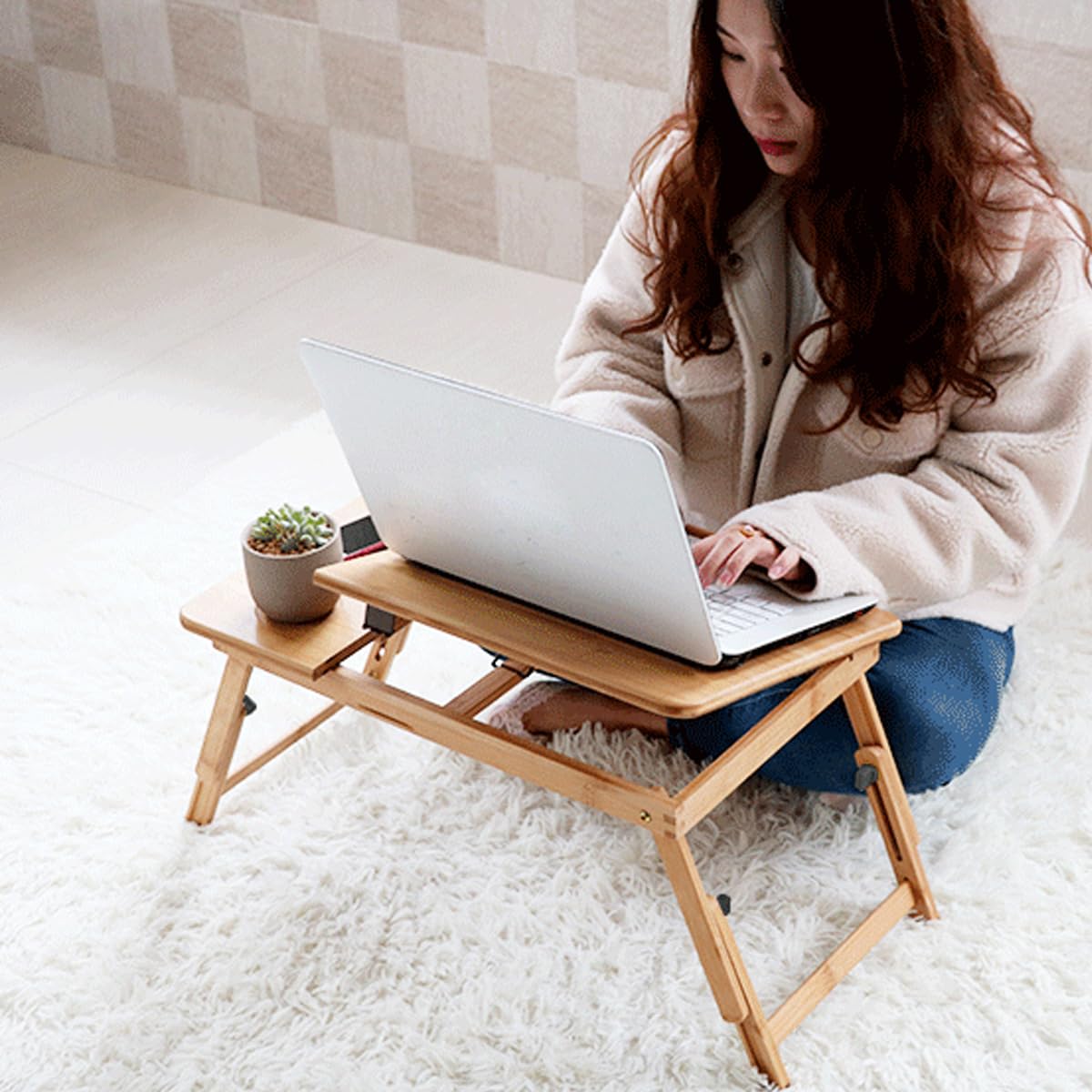 SKYZONAL Laptop Desk Adjustable Bamboo Laptop Table with Fan Drawer Foldable Bed Tray Breakfast Tray Padded Lap Work Tray,for Working Writing Drawing