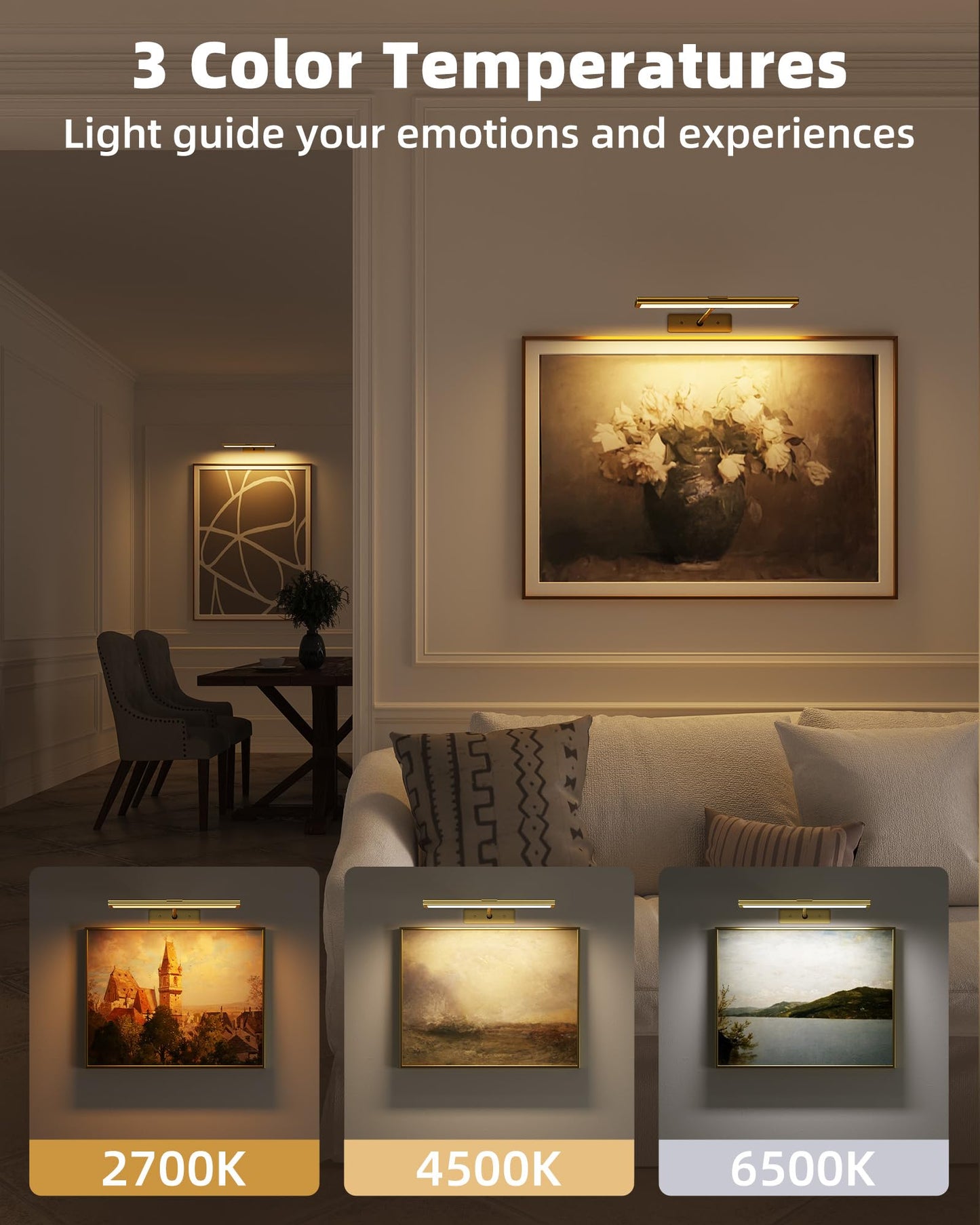 EZVALO Picture Light for Wall, 4800mAh Rechargeable Wireless Remote, Dimmable Magnetic LED Art Display Light with 3 Color Temperatures, for Gallery, Living Room, Bedroom, Hallway (Gold-2Pack)