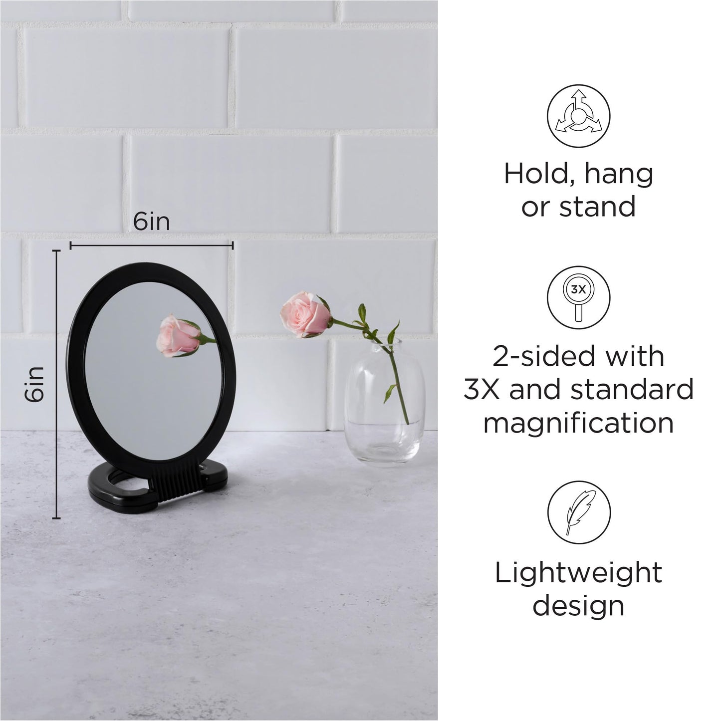 Diane Hand Mirror with Stand with 1X and 3X Magnification, Double-Sided Hand Held Mirror with Handle for Salon, Barber, Vanity,