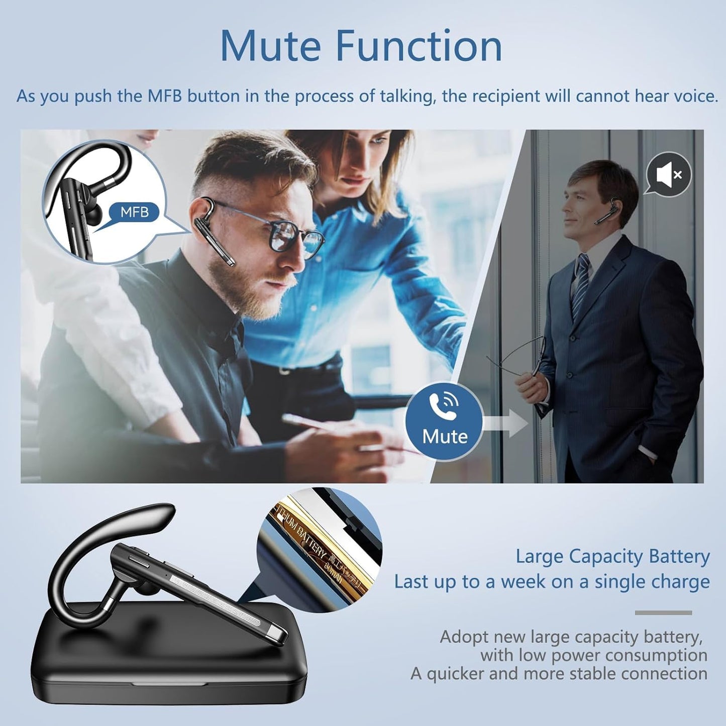 Bluetooth Headset, Wireless Bluetooth Earpiece With Mic Trucker Headset For Phone Case Office Phones Built-In Microphone Headpho
