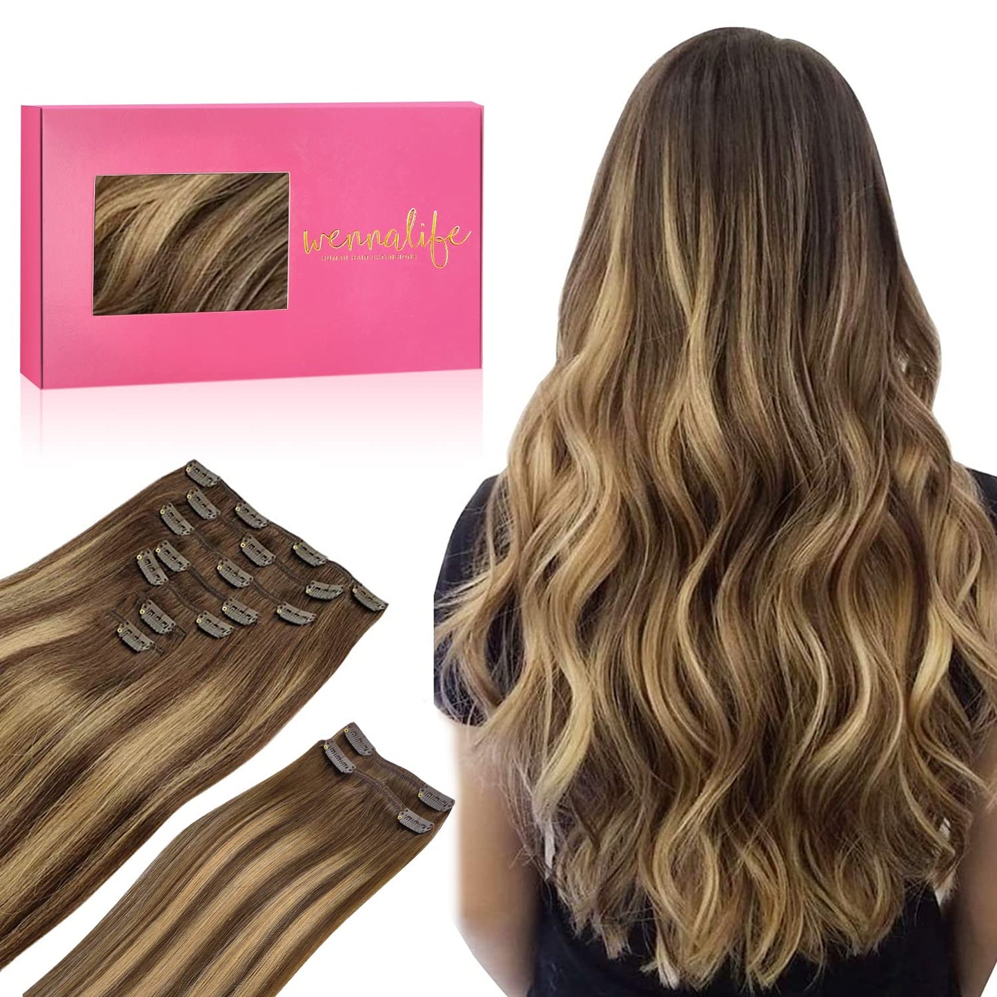 WENNALIFE Clip in Hair Extensions, 150g 14 Inch 9pcs Balayage Chocolate Brown to Honey Blonde Human Hair Extensions Thicker Clip