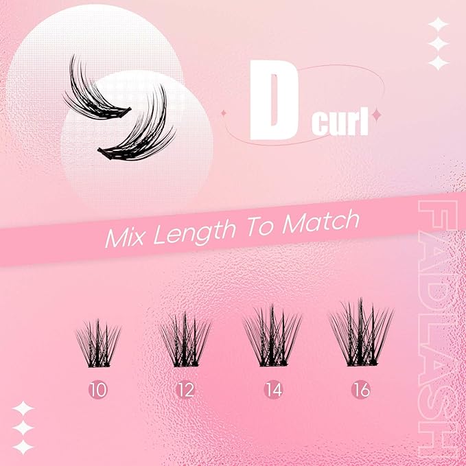 FADLASH Cluster Lashes Individual Lash Extensions DIY Lash Clusters 10-16mm Mixed Length Wispy Faux Mink Eyelash Clusters for Self Application at Home（AD17-D-10-16)