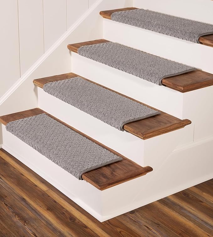 Oak Valley Designs™ Rounded Bullnose Carpet Stair Treads - Anti Slip Indoor Stair Mats for Wooden Stairs, Style: Bayside Charm, Dark Grey 35" W X 9.75" D (Set of 14)