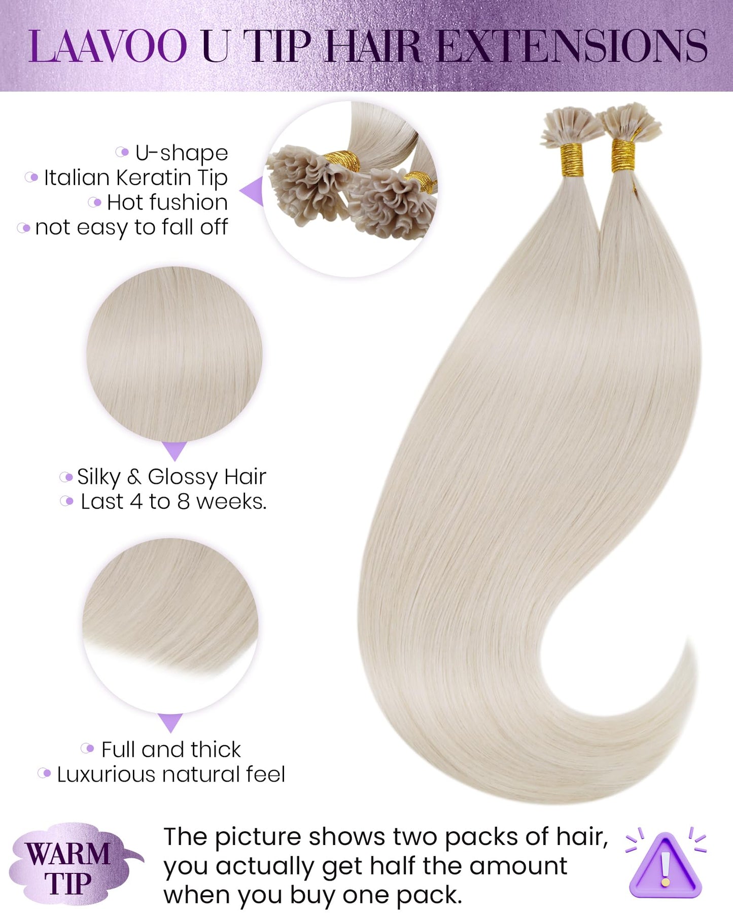 LaaVoo U Tip Hair Extensions Human Hair Platinum Blonde K Tip Hair Extensions Real Human Hair Blonde Utip Hair Extensions Human