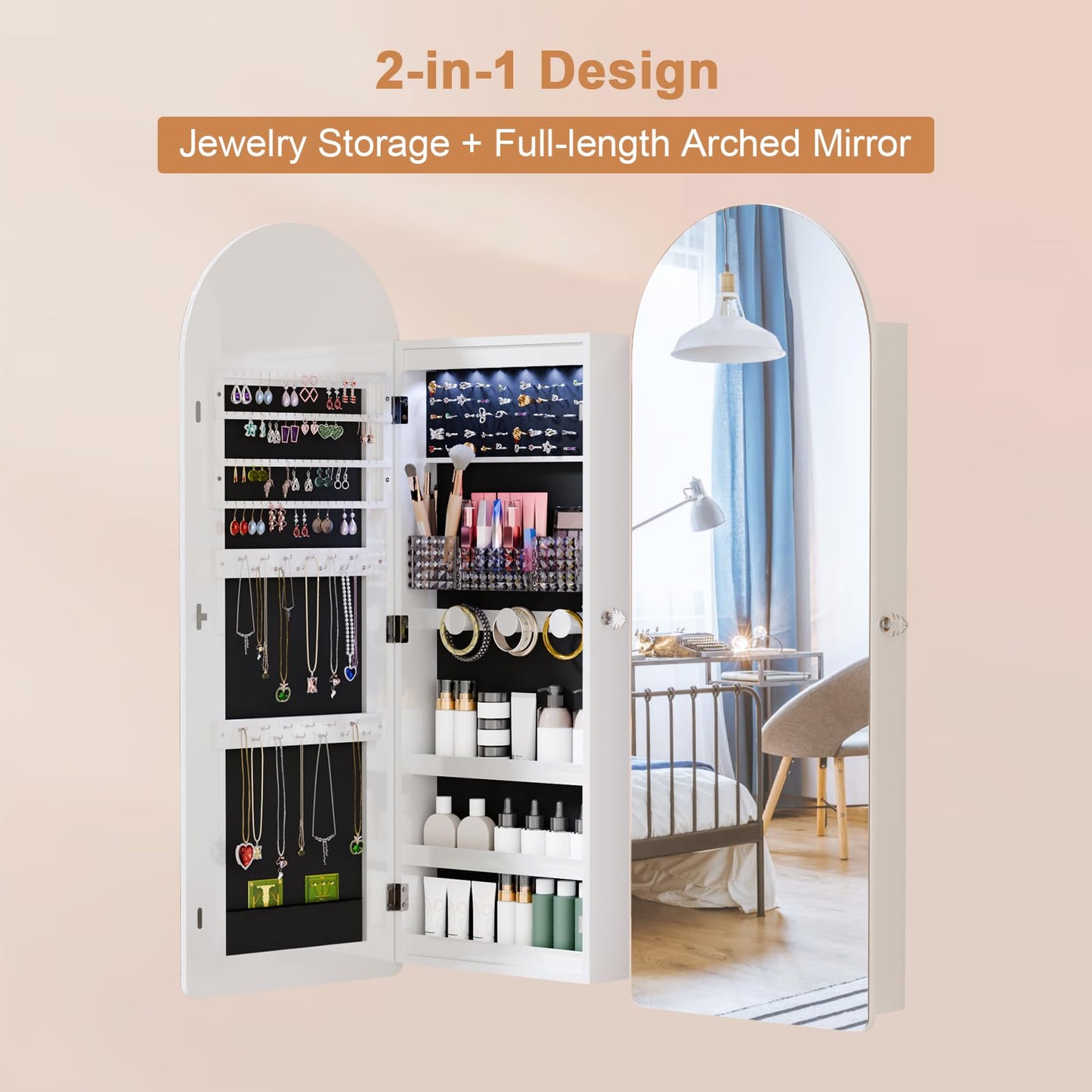 FONTOI LED Mirror Jewelry Cabinet, 42.5” Arched Wall or Door Mounted Jewelry Armoire with Full-Length Mirror & 2 Drawers, Lockable Jewelry Organizer with Ring Slots & Necklace Hooks, White