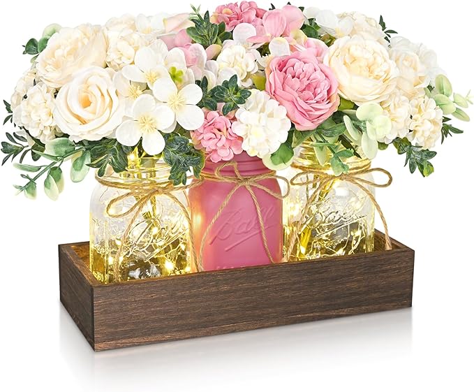 BLEUM CADE Centerpiece Table Decorations - 3Pcs Roses Artificial Flowers in Mason Jars with Wood Tray for Dining Table Cof...