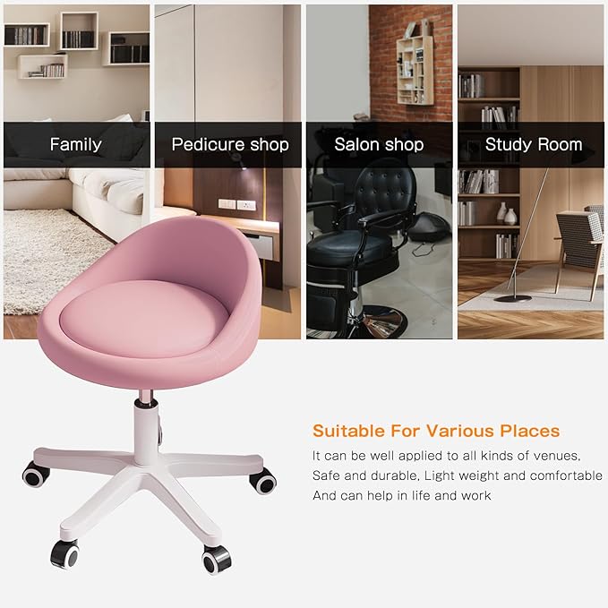 Walktory Round Rolling Stool with PU Leather Low Backrest, Hydraulic Height-Adjustable Swivel Chair for Spa, Salon, Tattoo, Massage, or Medical Office