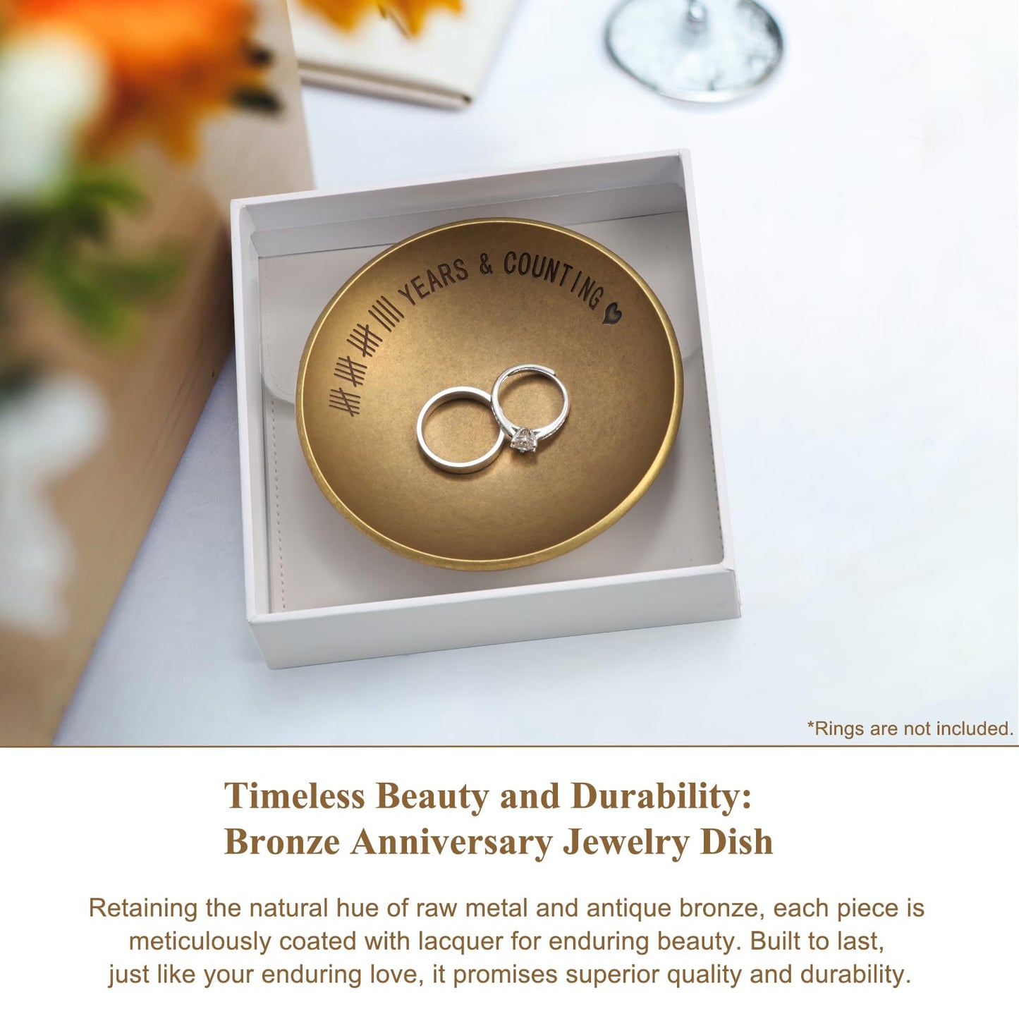 Urllinz Bronze Gifts for 19th Anniversary Jewelry Tray - Bronze Ring Holder Dish & Card & Box, 19 Year Wedding Gifts for Him Wife Her Couple, 4"