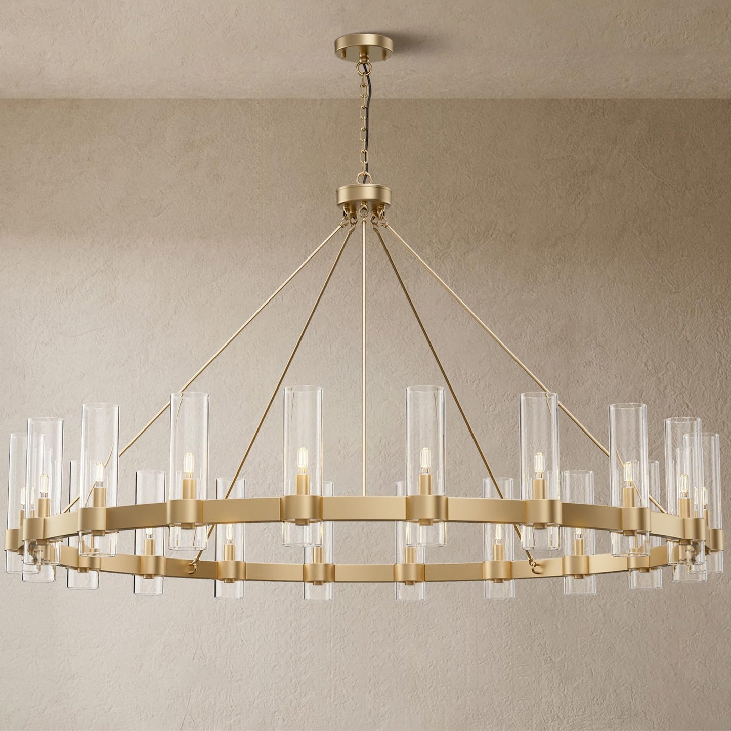 YIOSI 60 Inch Gold Chandelier, Wagon Wheel Chandelier with Glass Shade, 20-Lights Large Round Modern Farmhouse High Ceiling Pendant Lighting Fixture for Dining Room, Living Room, Kitchen, Foyer