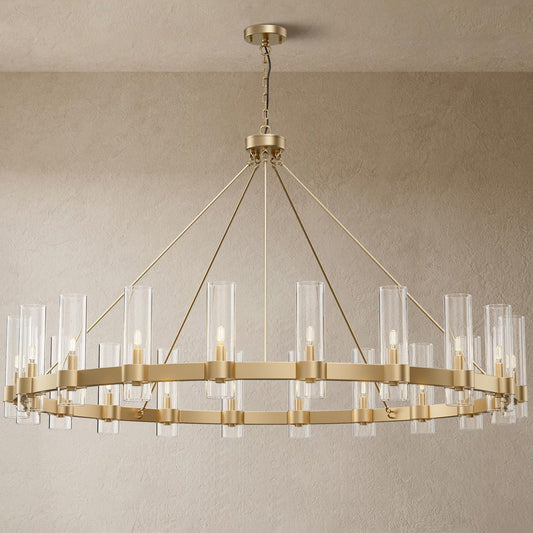 YIOSI 60 Inch Gold Chandelier, Wagon Wheel Chandelier with Glass Shade, 20-Lights Large Round Modern Farmhouse High Ceiling Pendant Lighting Fixture for Dining Room, Living Room, Kitchen, Foyer