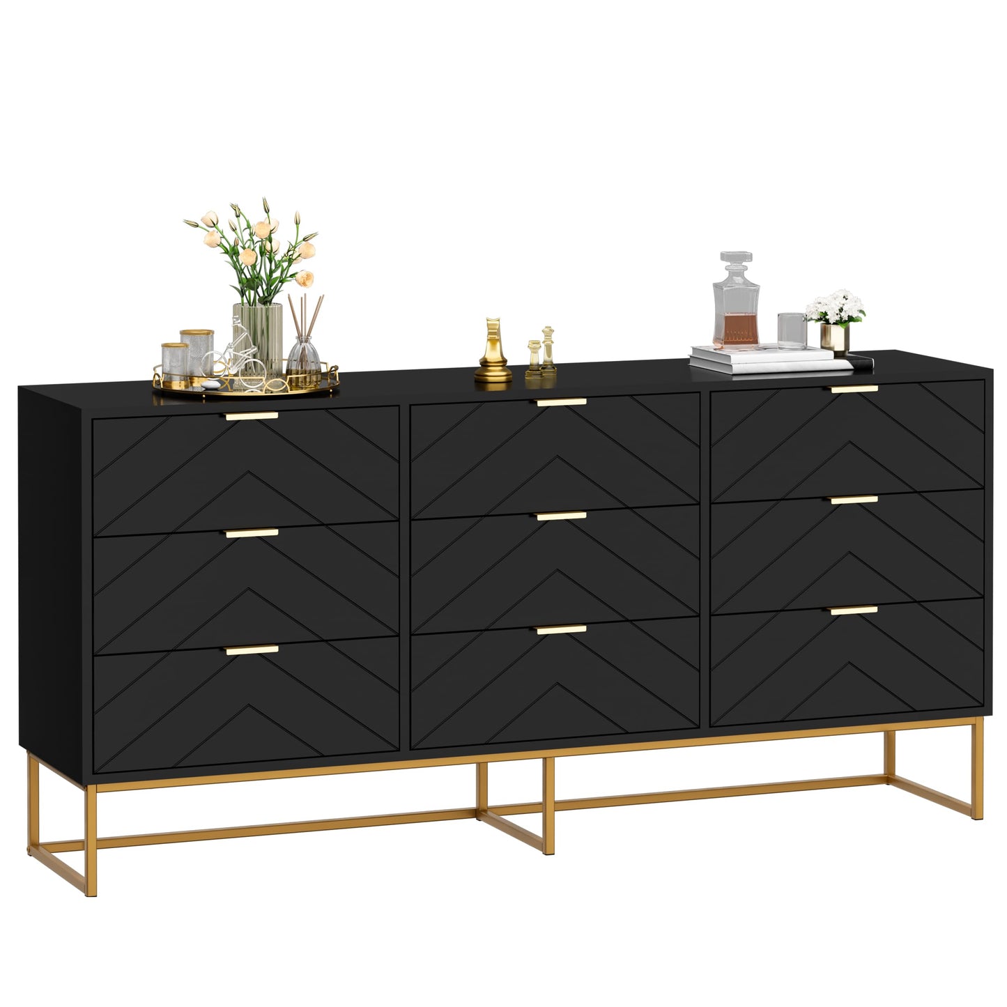 Scurrty 59" Large Chest of Drawers, Storage Cabinet 9 Drawer Dresser with Lines, Black Dressers with Storage,Dressers for Living Room, Bedroom