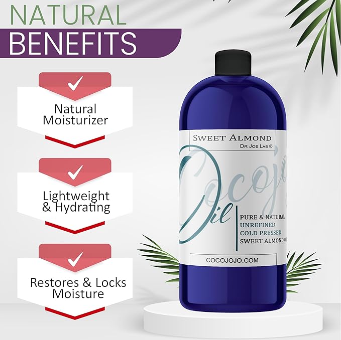 Dr Joe Lab Sweet Almond Oil for Hair, Sweet Almond Oil for Skin, Body, Nails, Pure Natural Cold Pressed Unrefined Extra Virgin Moisturizes & Nourishes - 32 Fl Oz - Packaging May Vary