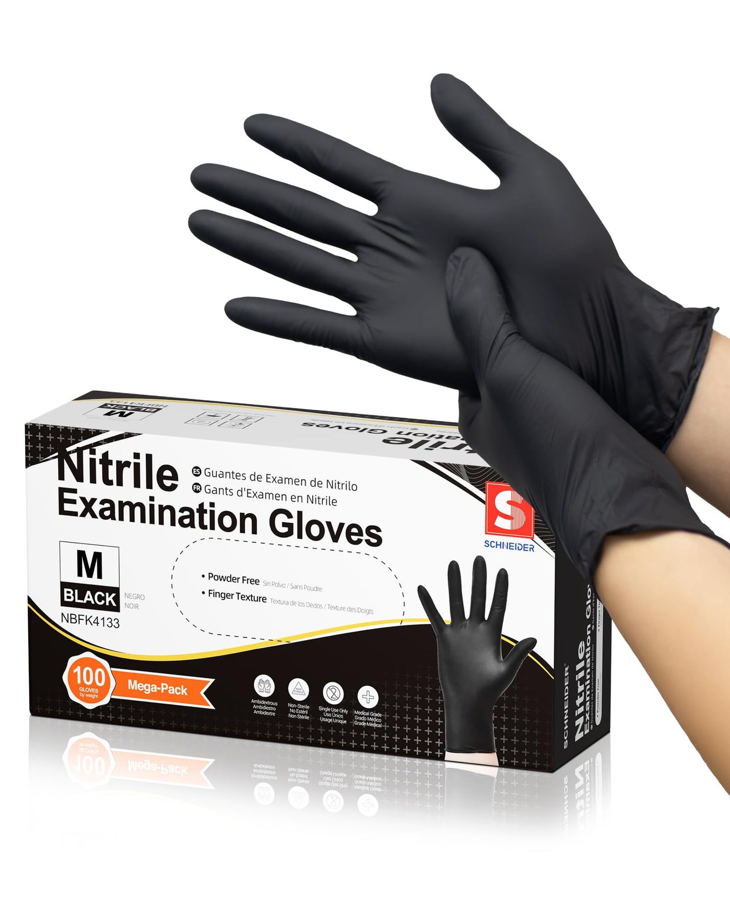 Schneider Black Nitrile Exam Gloves, Box of 100, Latex Free & Powder Free Disposable Gloves, for Medical, Food Prep & Cleaning, Medium