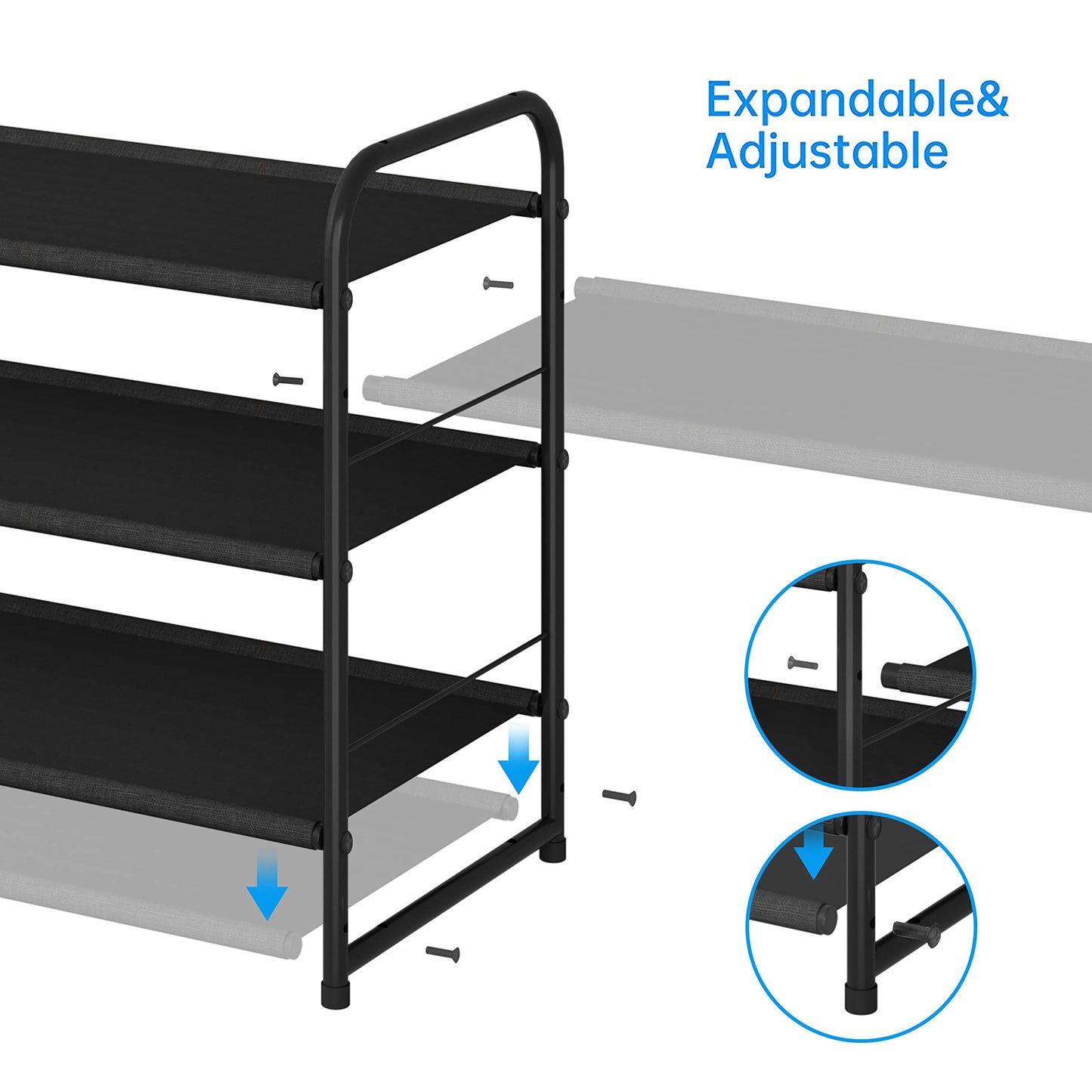 Simple Trending 3 Tier Stackable Shoe Rack, Expandable Adjustable Fabric Shoe Shelf Storage Organizer, Black