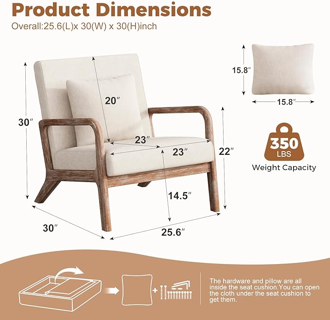ELUCHANG Mid-Century Modern Chair,Accent Chair with Lumbar Pillow,Upholstered Armchair,Linen Fabric Comfy Reading Chair Beige, Linen, New Armrest, Set of 1