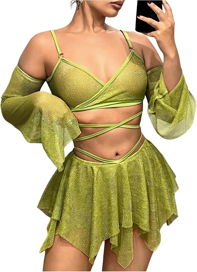 OYOANGLE Women's 2 Piece Mesh Sheer Criss Cross Crop Top and Asymmetrical Mini Skirt Party Rave Outfits