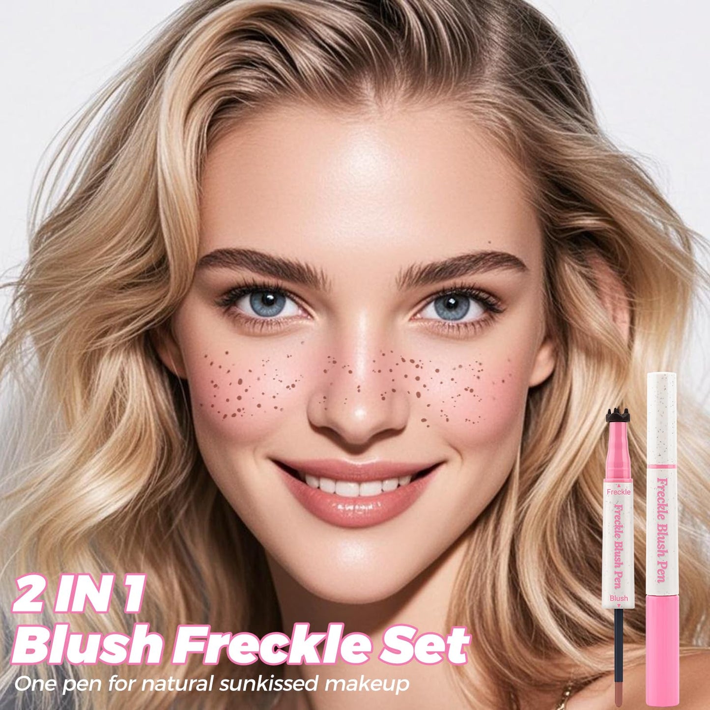 Erinde 2PCS Natural Freckle Blush Pen, 2 in 1 Liquid Freckle Stamp & Liquid Blush for Cheeks, Long Lasting Waterproof Freckles T