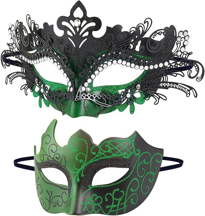 Dinwenddey Masquerade Mask for Couples Party Masks Set, Metal Filigree Shiny Rhinestone Venetian Mask for Ball Mardi Gras...
