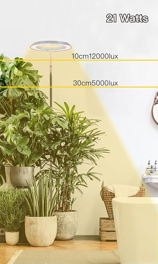 Qux 10” Halo Pro Grow Light,Full Spectrum LED Freestanting Plant Grow Lamp for Indoor Larger Plants with 3 Kind of Light Colors switchover & 10-Level Dimmable,Auto On Off Timing 4/8/12Hrs (Relief)