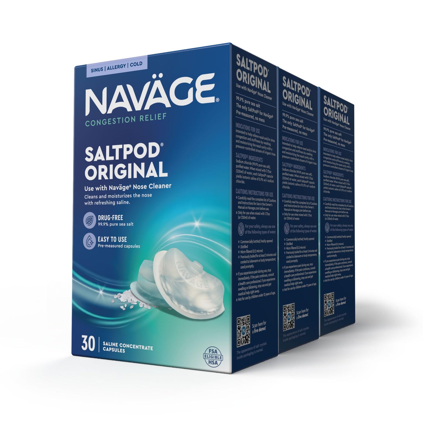 Navage SaltPod Bundle – 3 Packs of 30 (90 SaltPods), Saline Refills Nasal Irrigation System, Sinus Rinse and Saline Pods for Fast and Soothing Relief