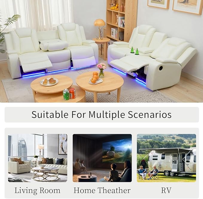 Toseslo Living Room Furniture Sets with LED Light, Power Recliner Sofa Set, Leather Sectional Sofa and Loveseat, Modern Power Reclining with Storage Console/Cup Holder for Living Room(Creamy White)