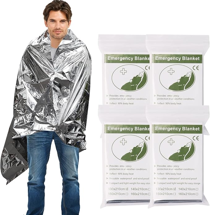 4 Pack Emergency Blanket, Premium Mylar Bankets, Thermal Blanket for Camping, Space Blankets Survival, Foil Blankets for W...