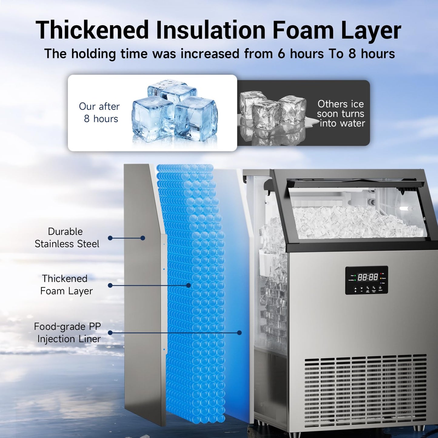 Commercial Ice Maker Machine 200LBS/24H, 40LBS Storage Stainless Steel Under Counter or Freestanding Ice Machine, Self-Cleaning, 55 Cubes per Cycle, Ideal for Bars, Restaurants, and Cafes