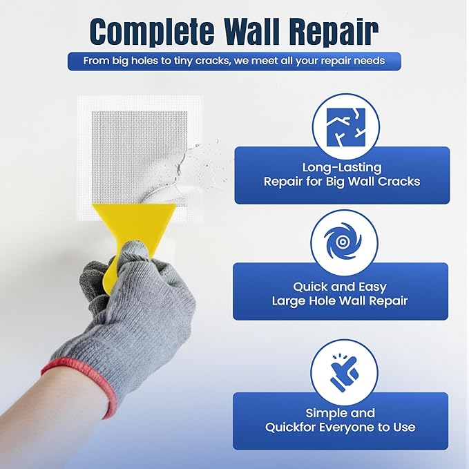 Wall Patch Repair Kit – 6 Self-Adhesive Aluminum Mesh Patches (2×4″ + 2×6″ + 2×8″) with Small & Medium Scrapers & 2 x P180 Sandpapers | Drywall Hole Patch Kit for Sheetrock, Plaster & Ceiling Repair