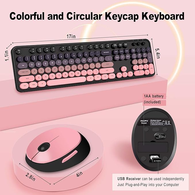 Kootop Wireless Keyboard and Mouse Combo, Cute Colorful 104 Keys Typewriter Retro Round Keycaps Keyboard for PC Laptop,Desktop,Windows, Home and Office Keyboards(Black Pink)