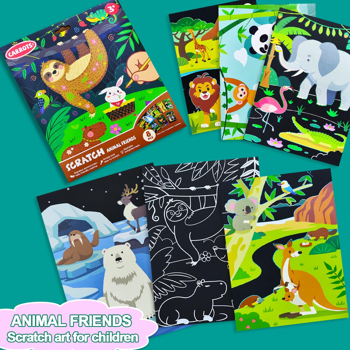 BAOXUE Scratch Art for Kids,Black Rainbow Scratch Art Paper Set,Animals Crafts Kits Supplies,Toddlers Activity Party Games, Art Gifts for Girls Boys, Stocking Stuffers for Kids