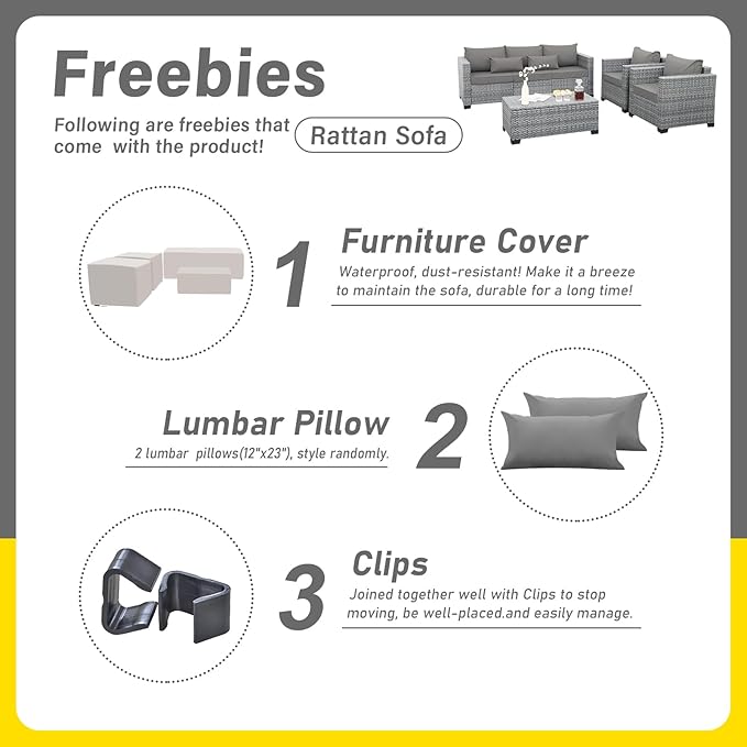 4 Piece Wicker Patio Furniture Sets Outdoor Conversation Set PE Rattan Sectional Sofa Couch with Storage Table and Grey Cushions