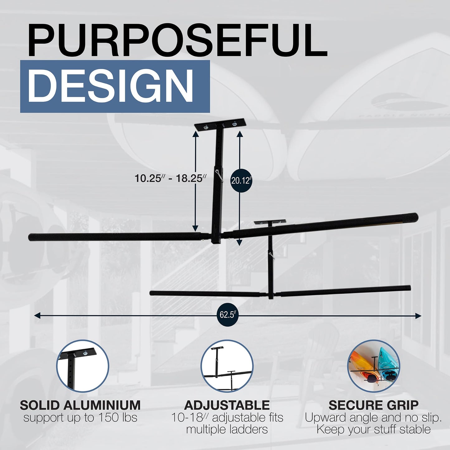 StoreYourBoard 2 Kayak Ceiling Rack – Hi Port 2 Garage Ceiling Kayak Hanger | Adjustable Overhead Kayak Storage for Recreational & Touring Kayaks | Garage Organization | Holds 150 lbs